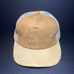 Vintage 1980s USA Grand Tetons Tan Corduroy Leather Mesh Snapback Trucker Hat